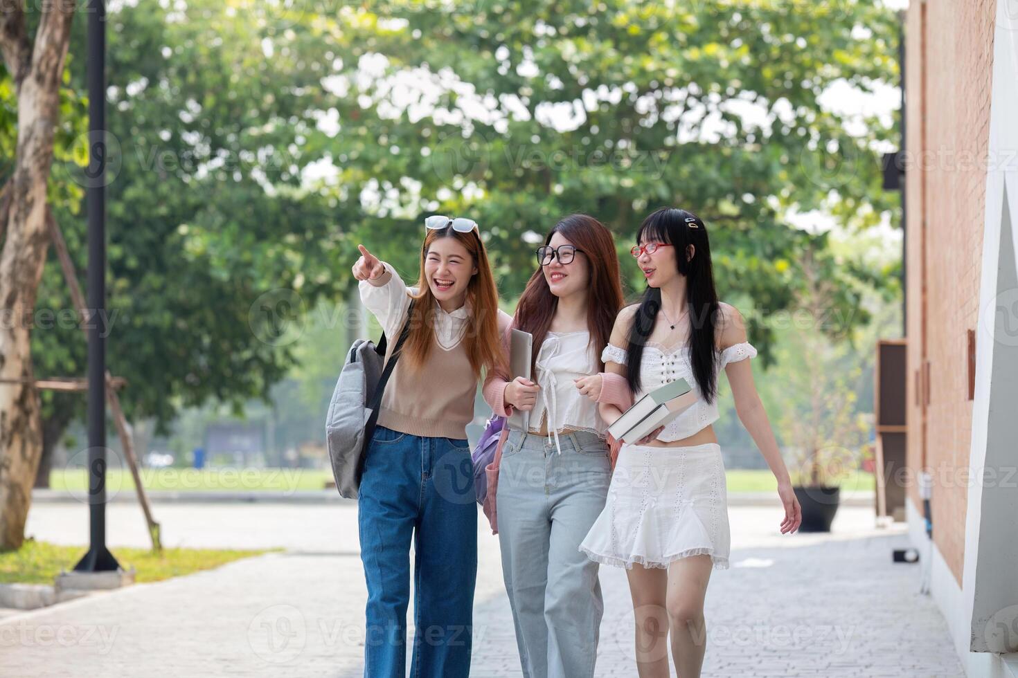 College friends walk to class together. University student in campus talk and have fun outdoors photo