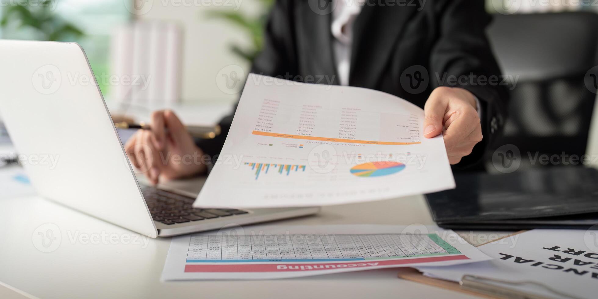 Documents, Business woman and accountant reading report for information, financial data or analysis. Paperwork, auditor check, review and bookkeeping, Calculate finance and tax in office photo