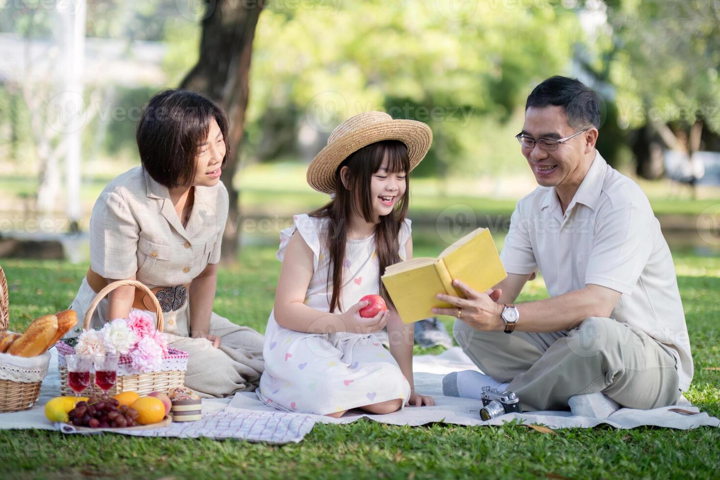 Grandparents enjoying with granddaughter in park and serenity. They are having joyful and cheerful time together. Loads of smile and happy moment photo
