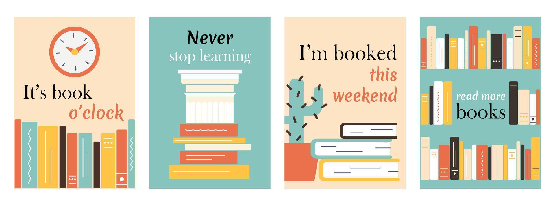 Set Banners with books, quotes. Clock, bookshelf. Architectural column, stack of textbooks, learning and education. Cactus in pot, literature, house plant. Library. Hobby reading. illustration vector