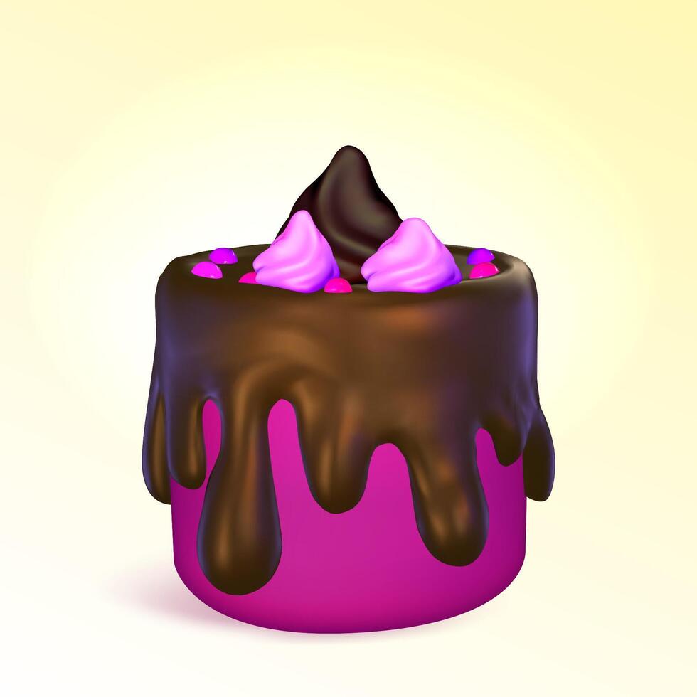 Pink 3d cake with chocolate , and purple icing on a yellow background. Girl celebration card template. Realistic 3d symbol design vector