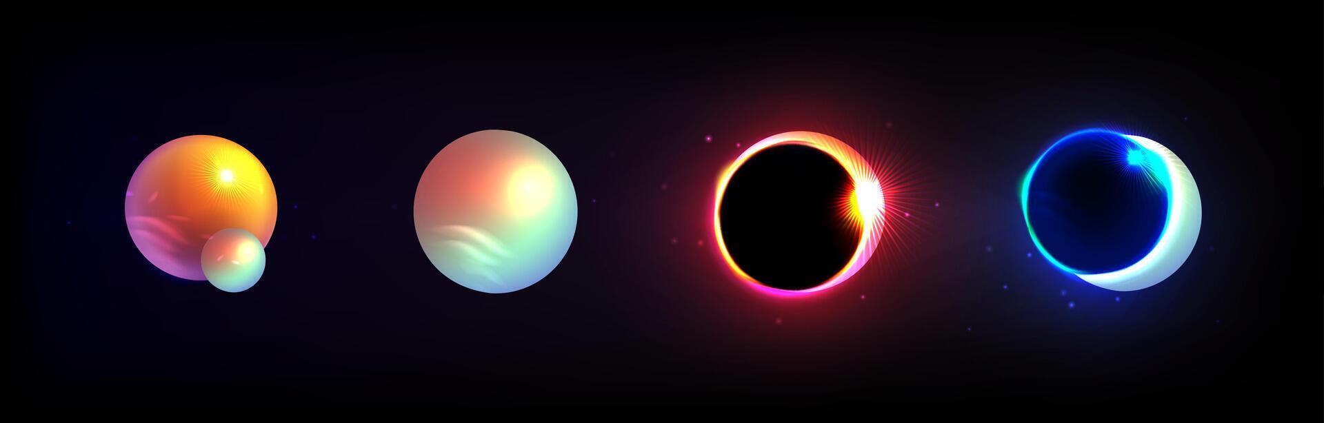 3d collection planet. Solar eclipse, moon phases. Bright isolated celestial bodies on a dark background vector