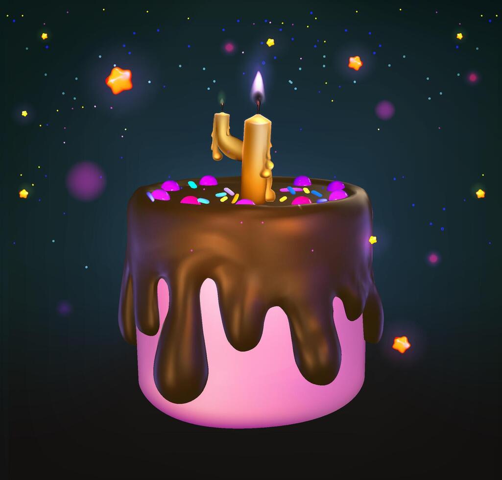 Pink 3d cake with chocolate and with a candle in the shape of the number 4. Girl celebration card template. Valentine or birthday dessert vector