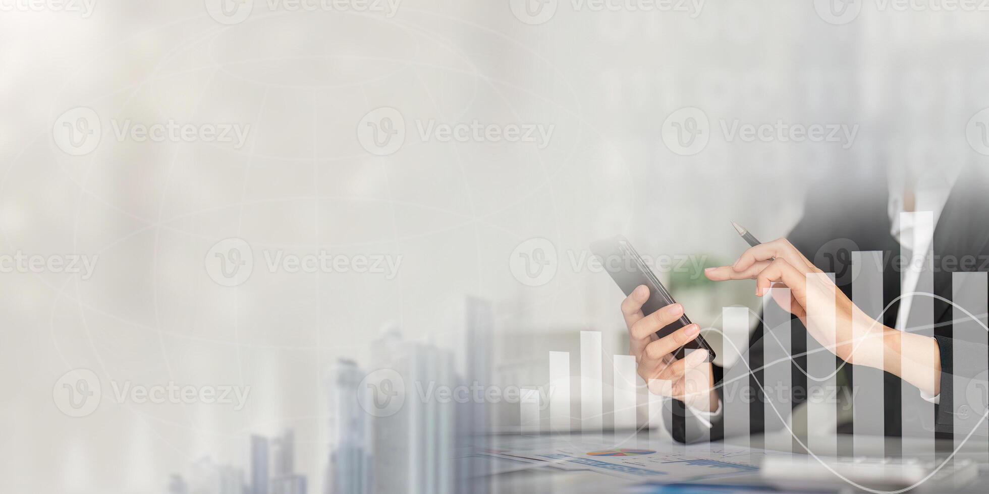 Business Professional Analyzing Data on Smartphone with Financial Graphs and Cityscape Background photo