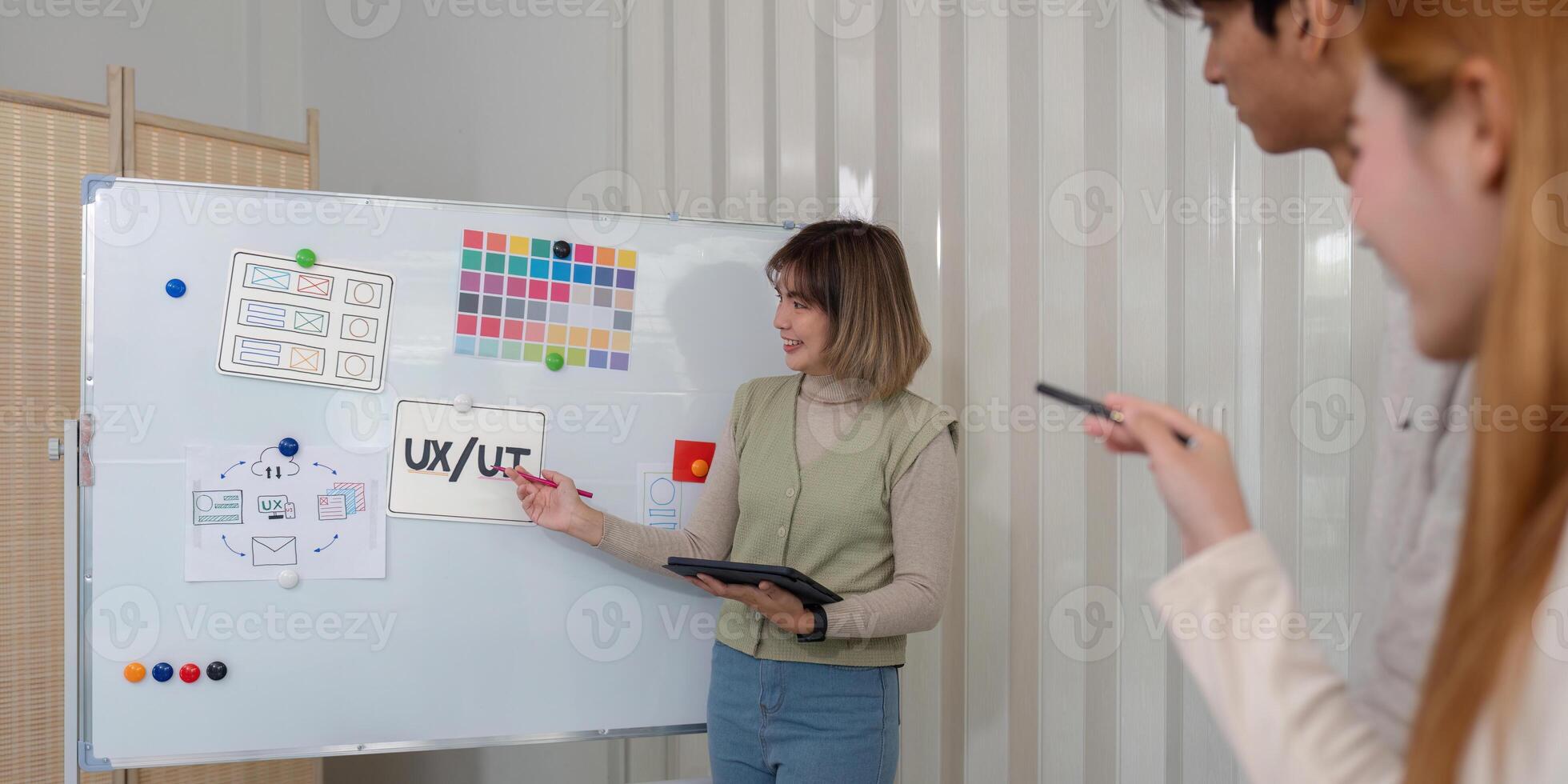 Creative UX Developer and UI Designer Brainstorming Session in Modern Office with Whiteboard and Digital Tools photo