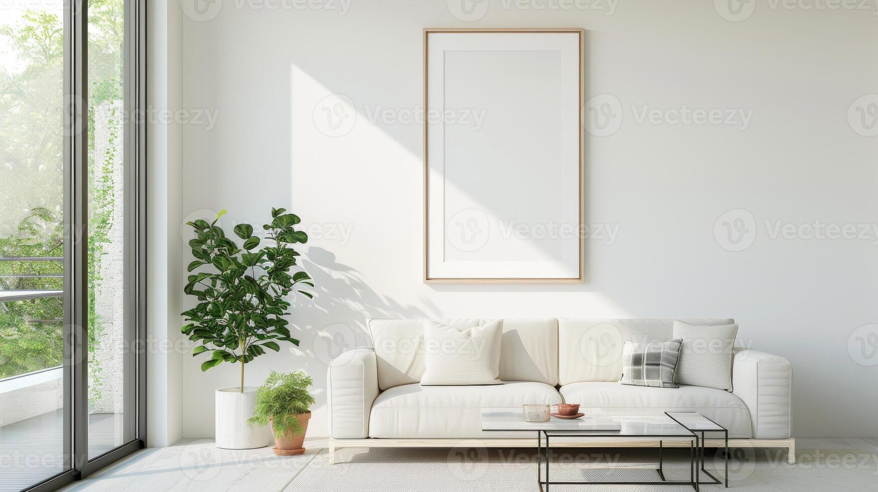 A white couch sits in front of a large blank wall photo