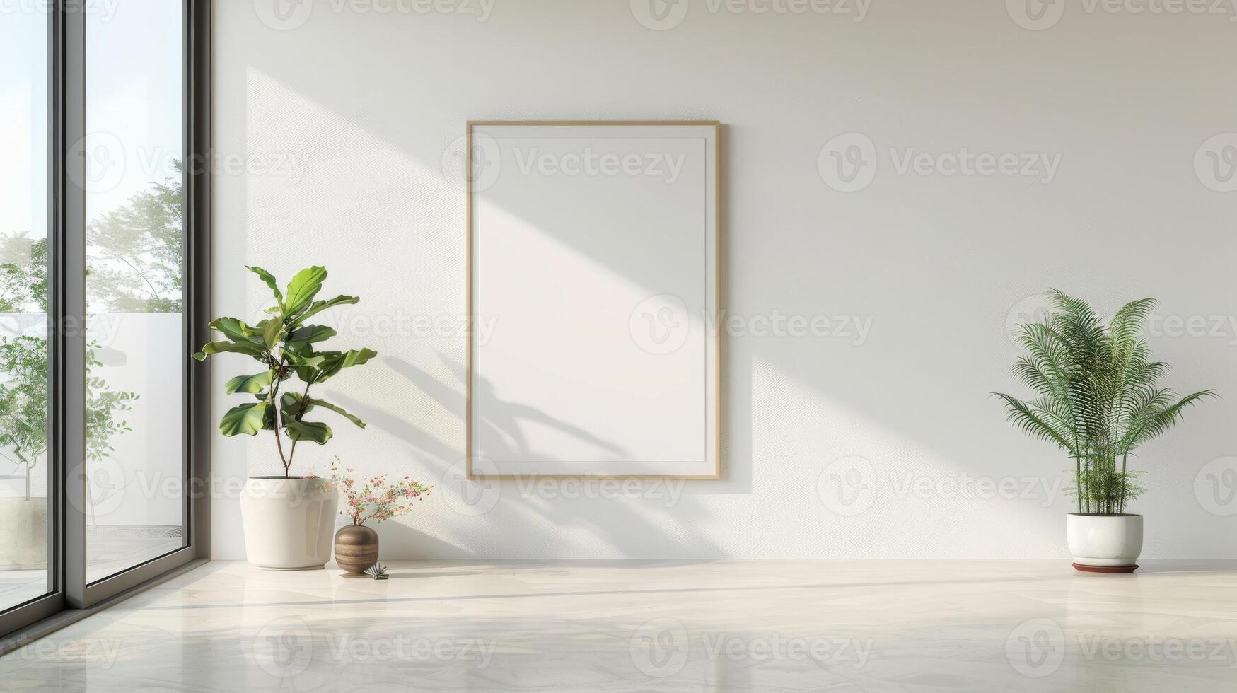 A white room with a large empty frame on the wall and two potted plants photo