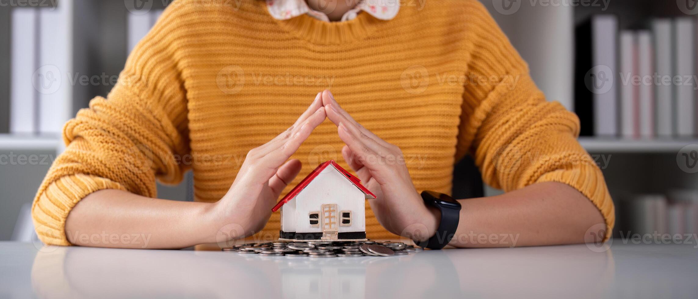 Protect your house insurance, security and home protection concept. Concept of home and real estate Property insurance photo