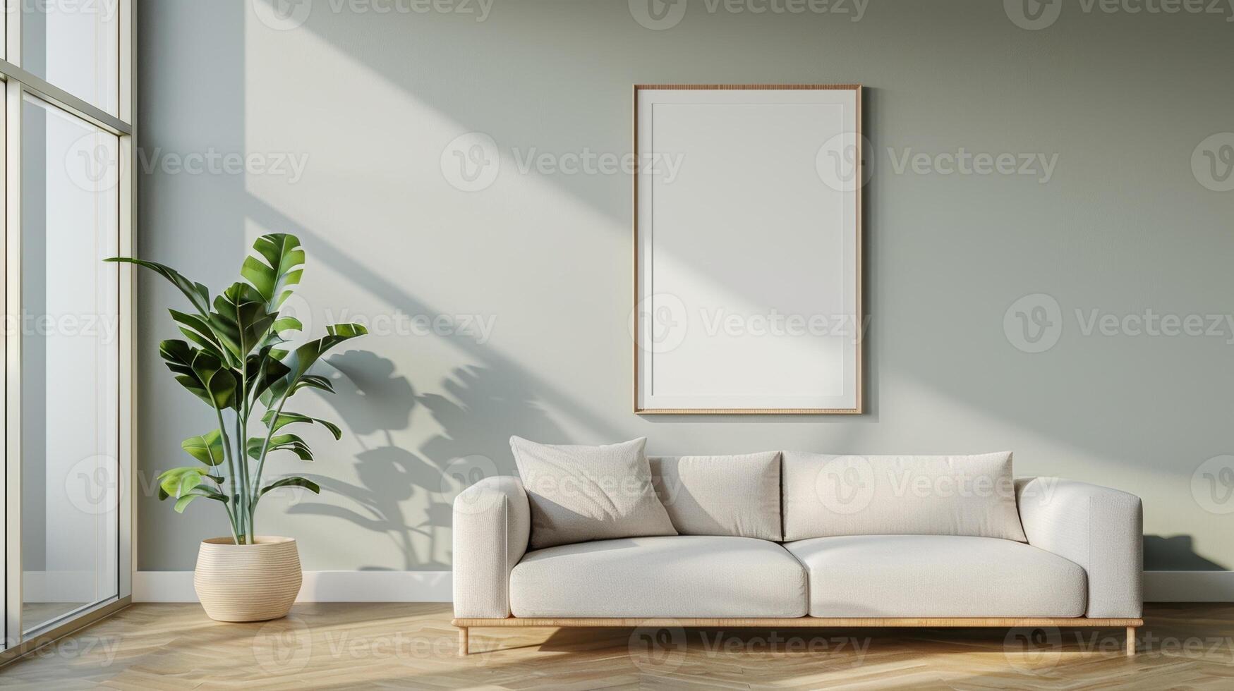 A white couch sits in front of a large window with a potted plant in the corner photo
