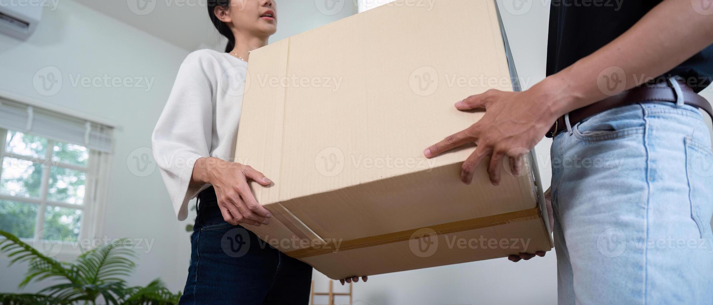 Young Couple Moving into New House, Carrying Cardboard Boxes, Starting Fresh in Modern Home photo