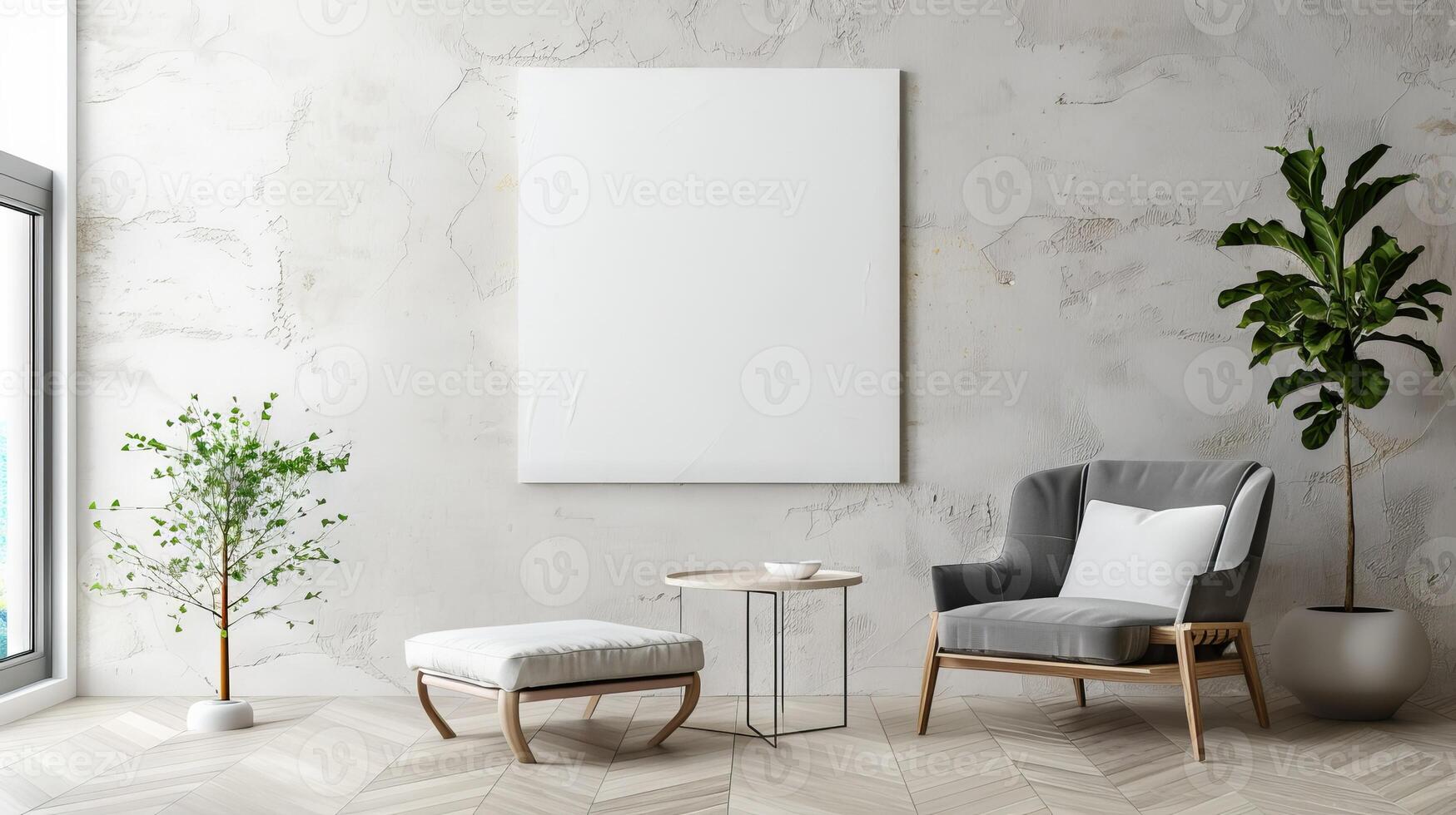 Modern Minimalist Living Room with Armchair, Ottoman, and Blank Canvas on White Wall photo