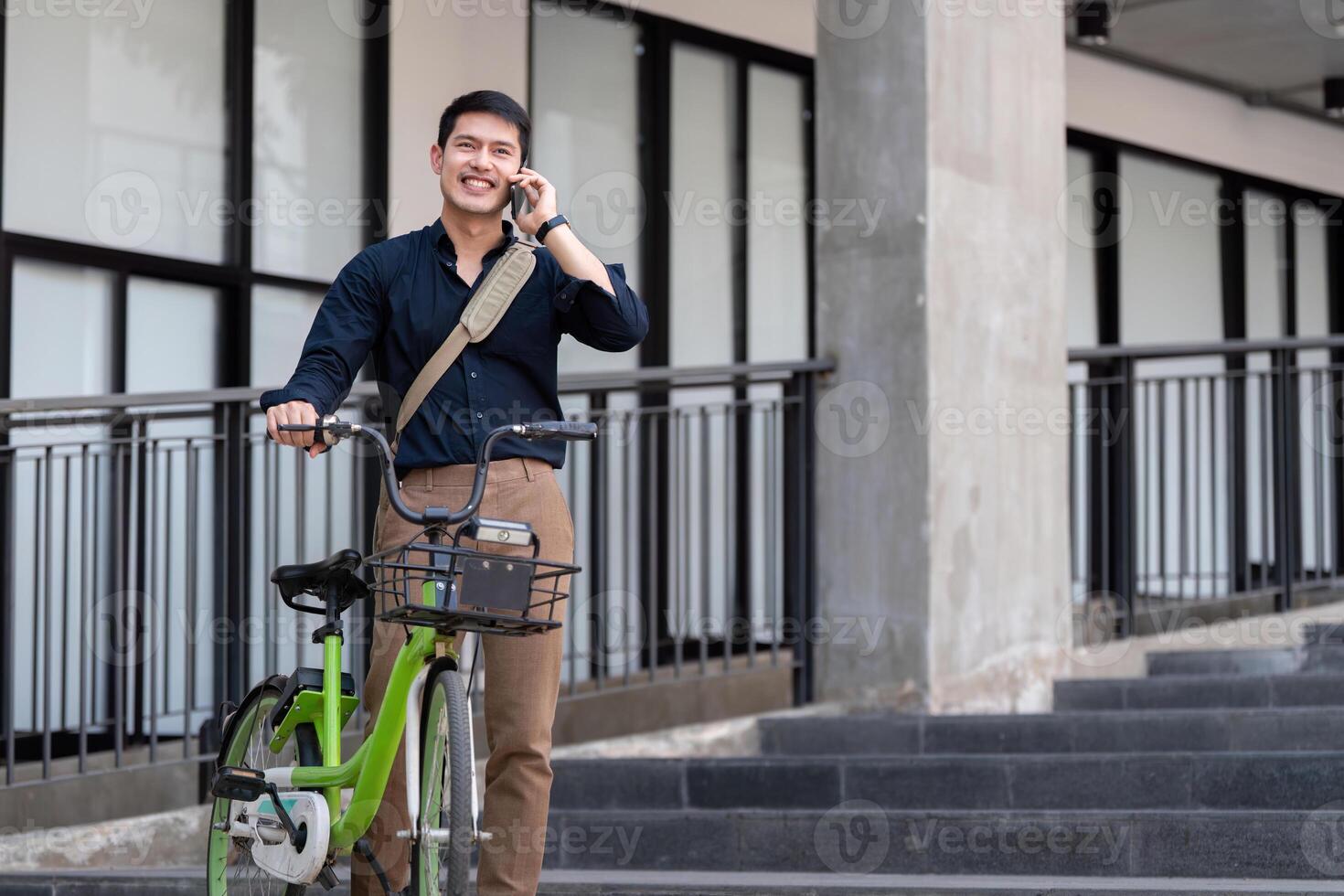 Eco Friendly Businessman on Bicycle Working Outdoors, Embracing Sustainable Transportation and Modern Urban Lifestyle photo