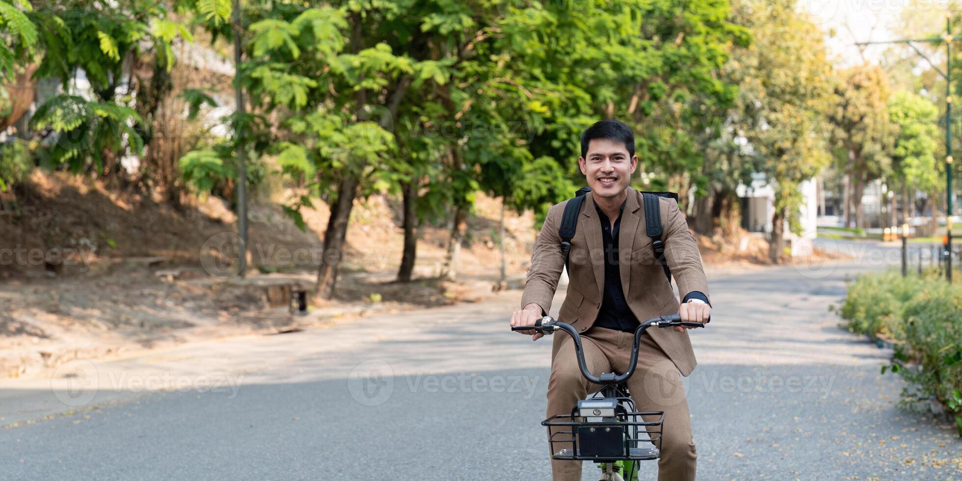 Businessman Riding Bicycle to Work in Urban Park, Embracing Eco Friendly and Sustainable Transportation for a Greener Future photo