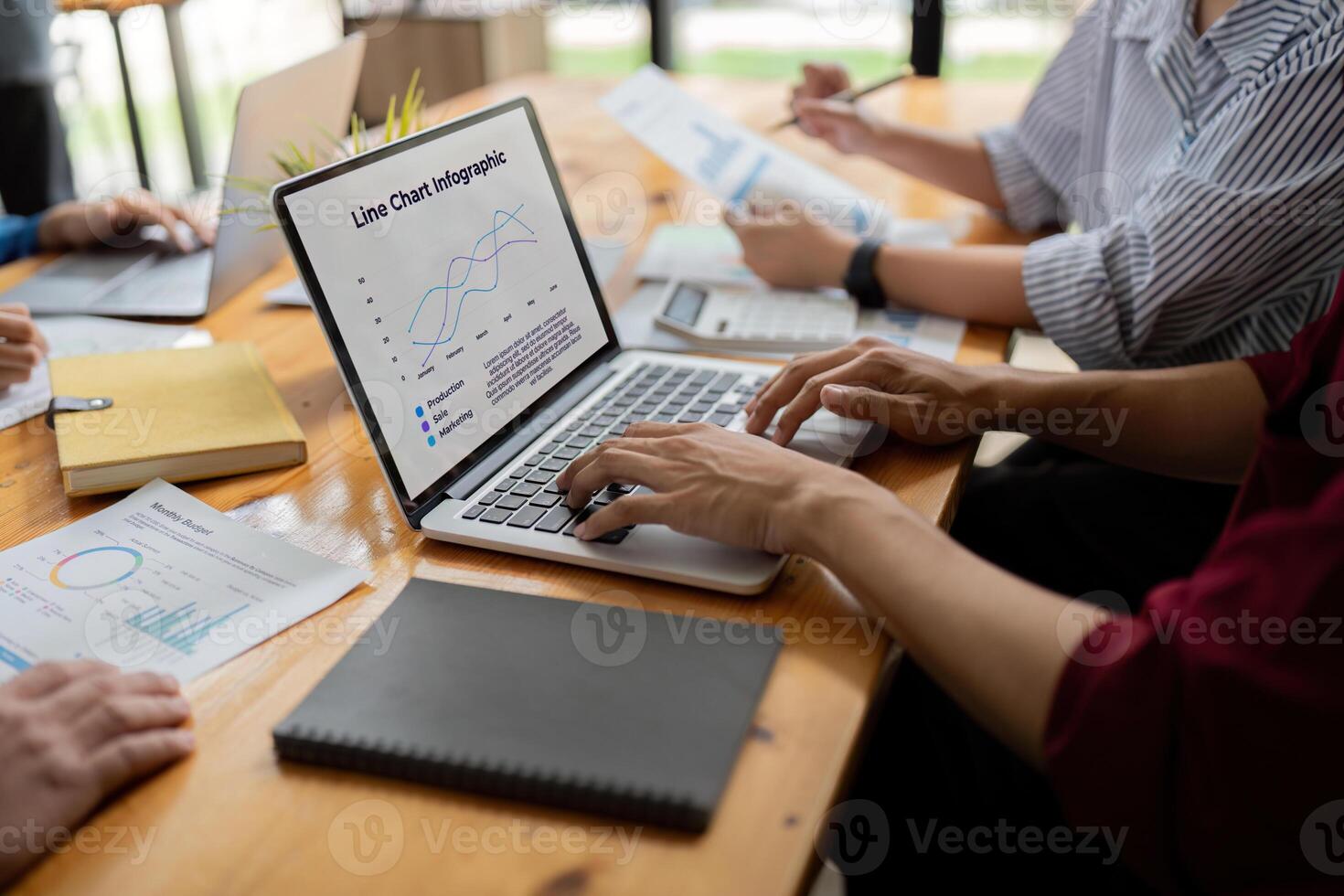 Business Team Discuss Data Analysis with Line Charts Infographic on Laptop in Modern Office Setting photo