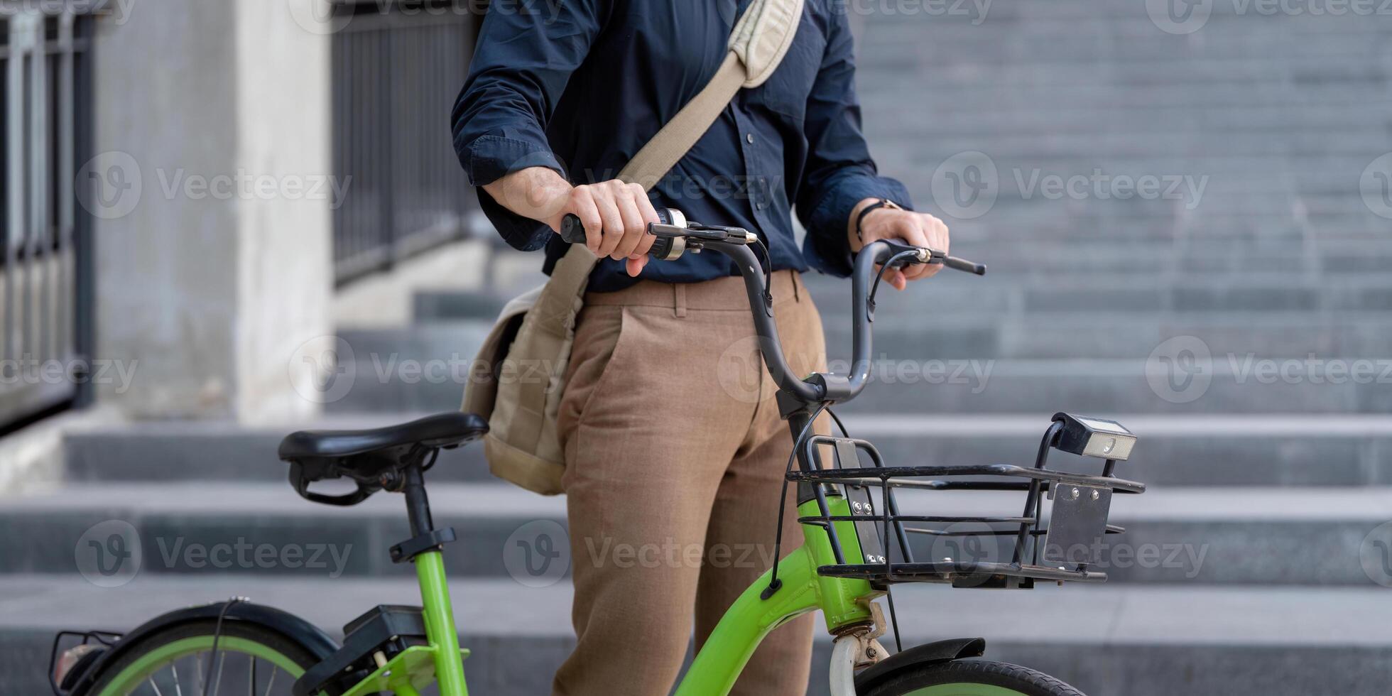 Businessman Commuting on Bicycle for Eco Friendly Transportation, Sustainable Urban Lifestyle, and Green Commuting Solutions photo