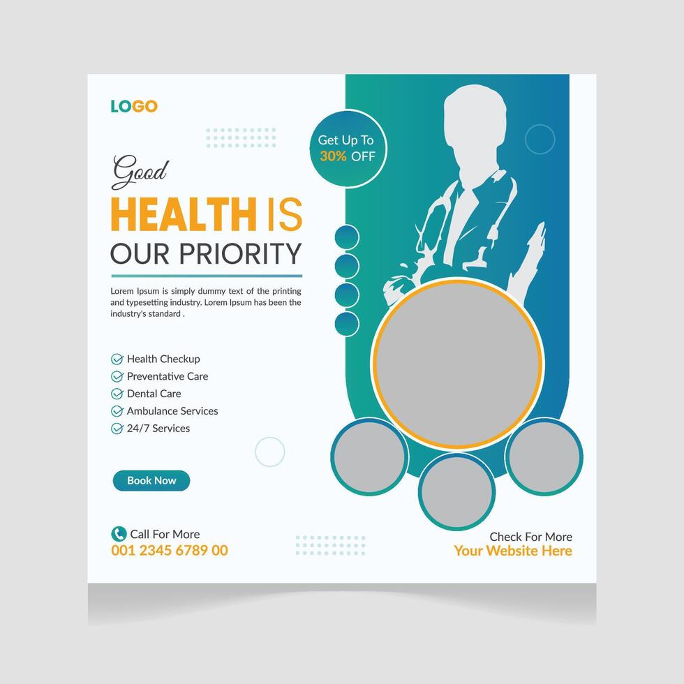 Medical and healthcare square banner Social media post template design. vector