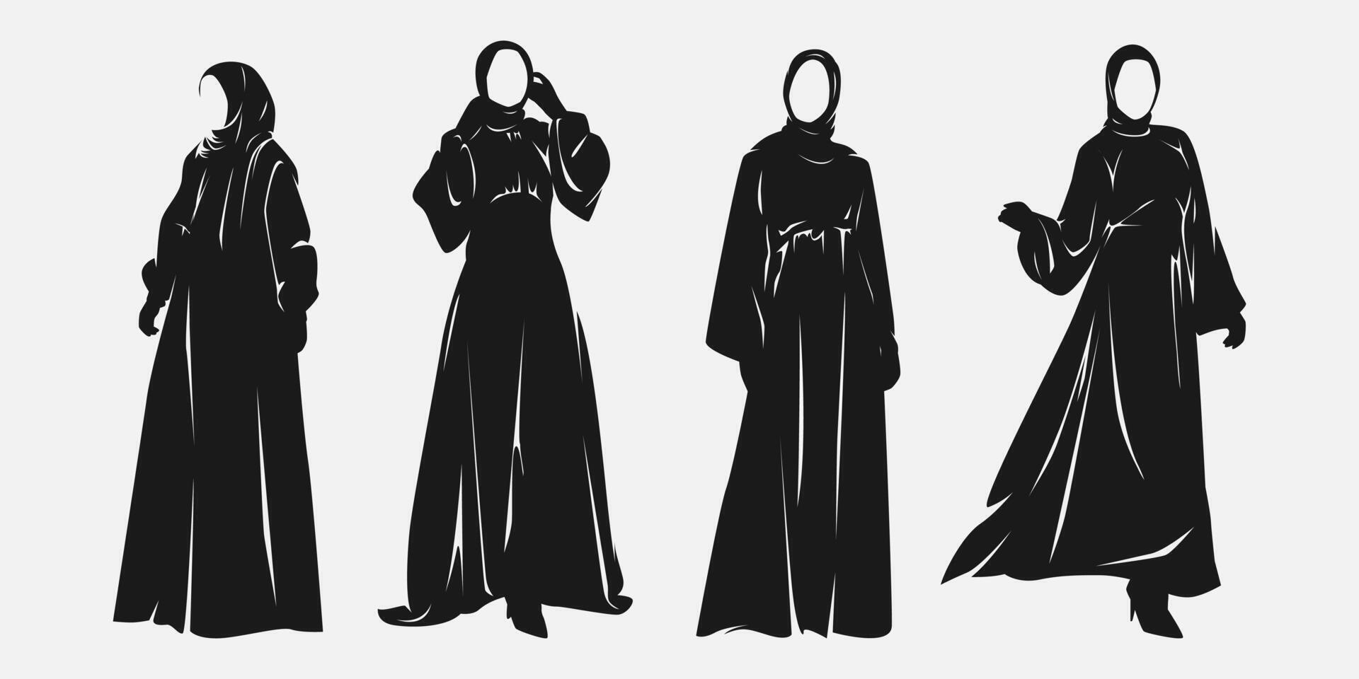 Set silhouettes of muslim woman wearing islamic clothing style. hijab, abaya. Graphic illustration. vector