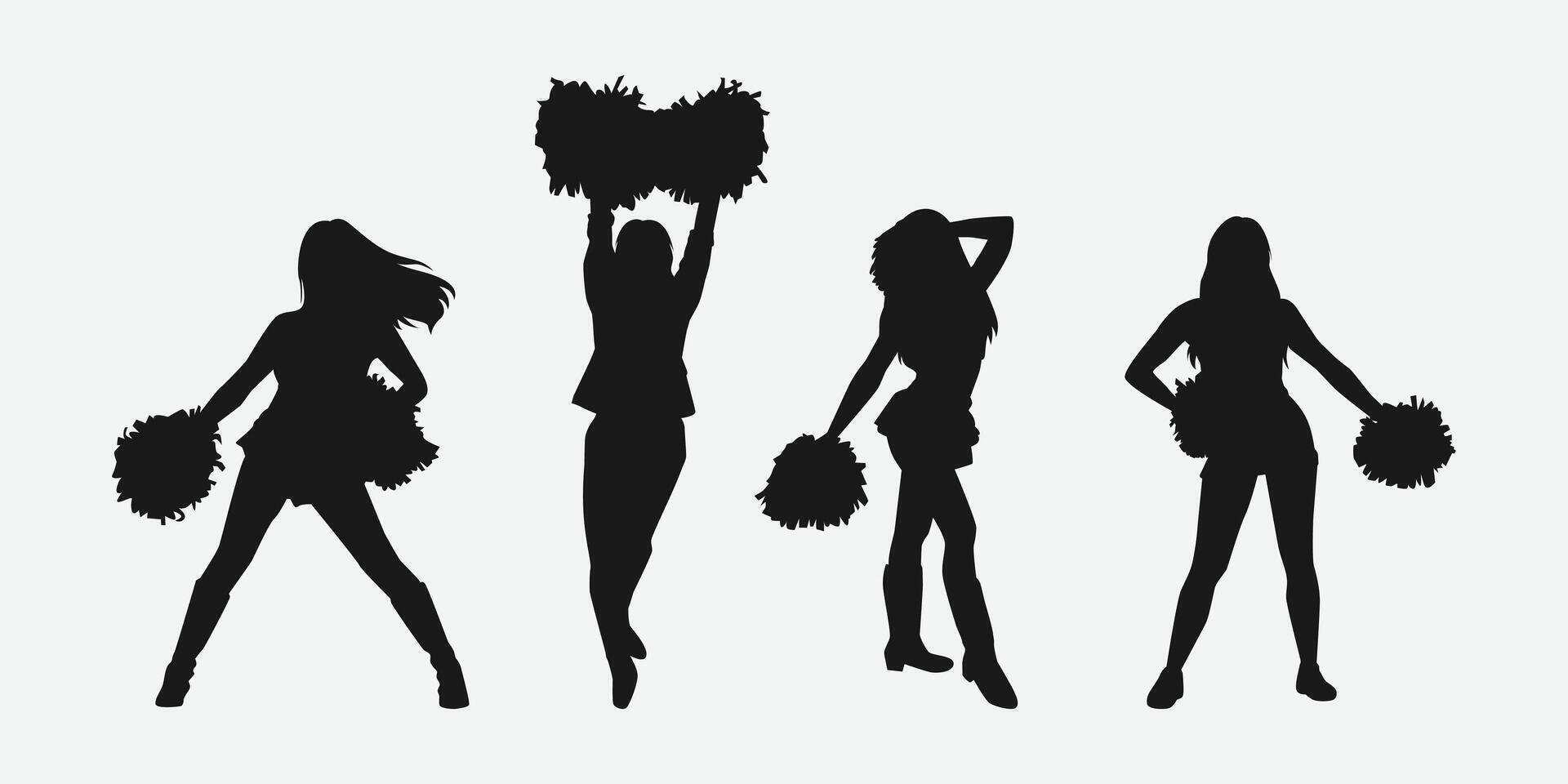 set of cheerleader silhouettes. girls dancing, holding pompoms with various different style, pose, movement. graphic illustration. vector