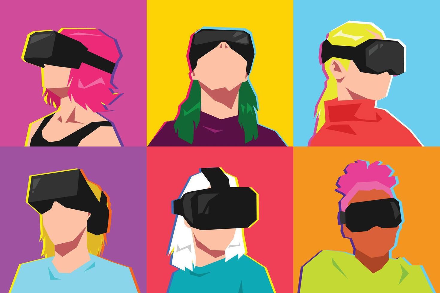 Set of woman avatar character portrait using virtual reality headset. Isolated background. Neon Light. Flat illustration. vector