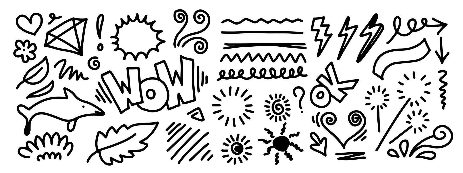 Hand drawn doodle sketch style lines, leaves, firework, arrow, heart. vector