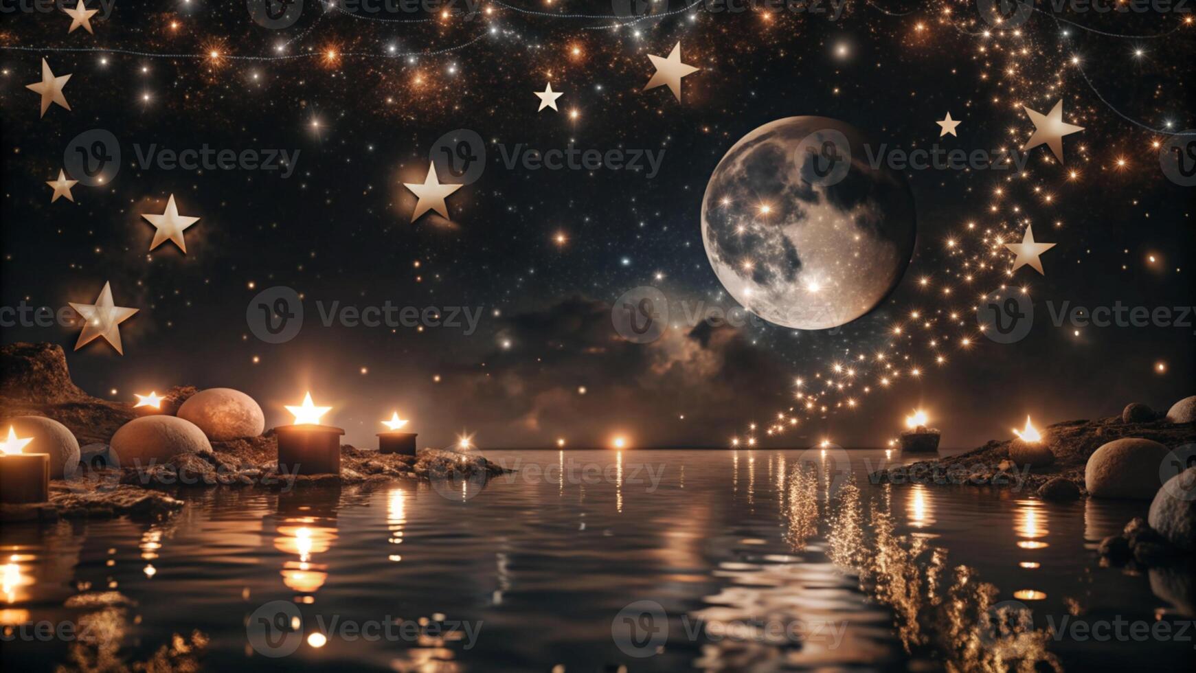 aigenerated a full moon with stars and a beach scene photo