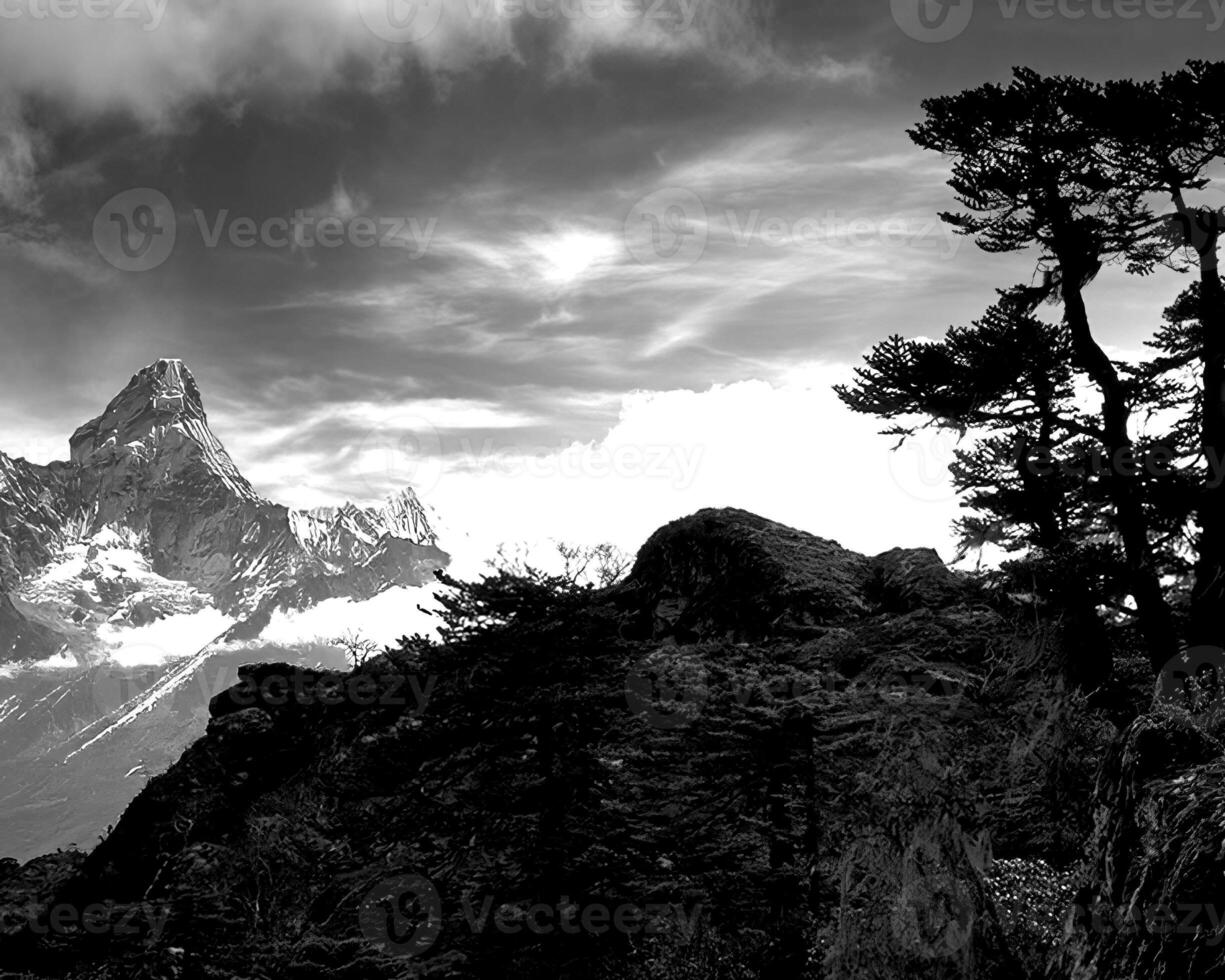 Mountains black and white photo background. High mount, rocks and hills landscape