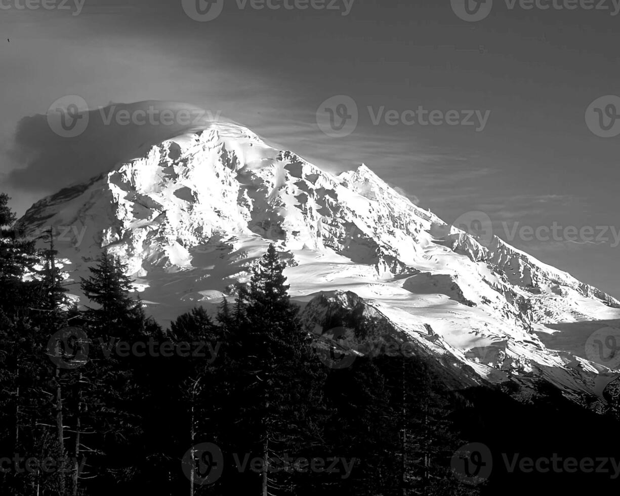 Mountains black and white photo background. High mount, rocks and hills landscape