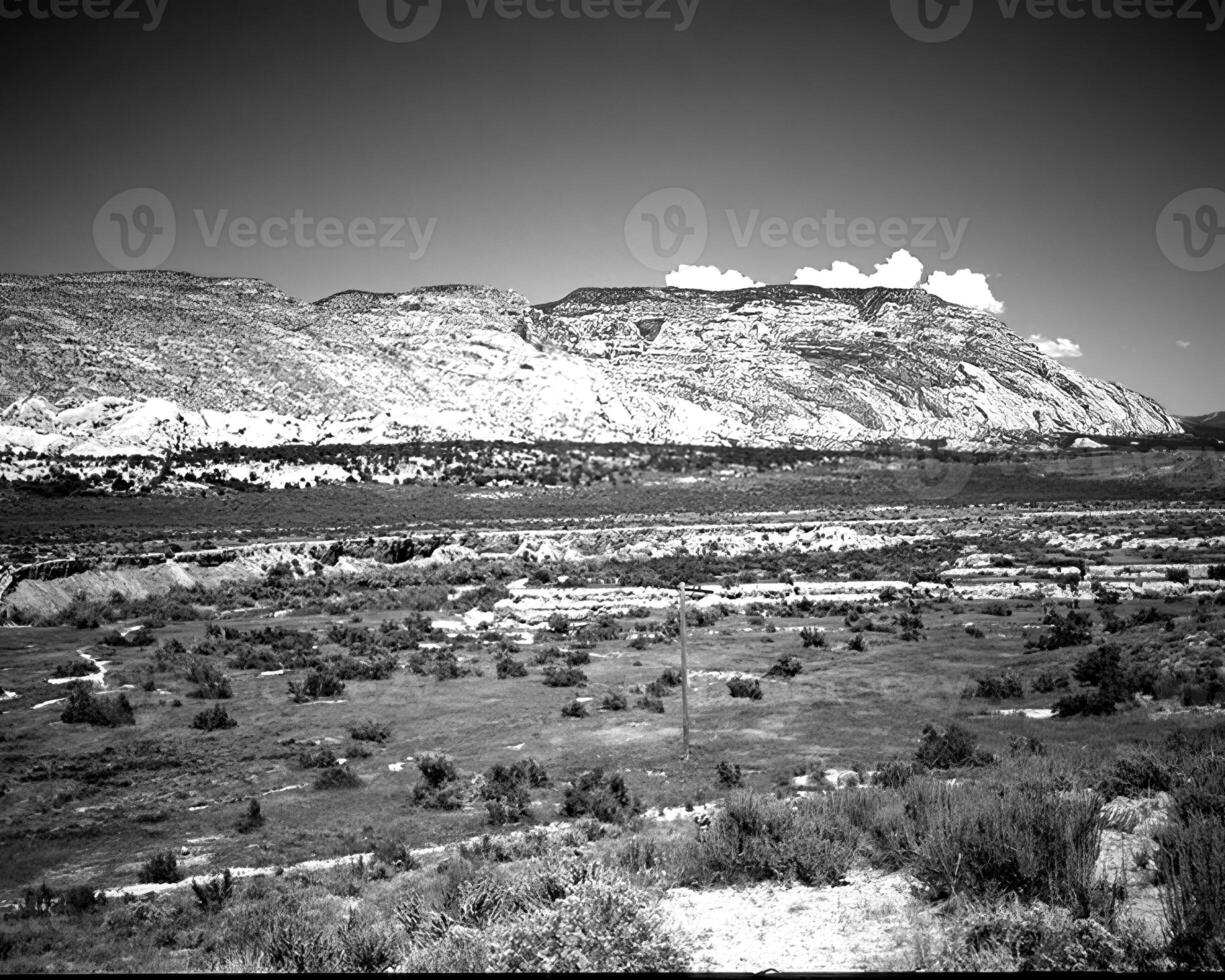 Mountains black and white photo background. High mount, rocks and hills landscape