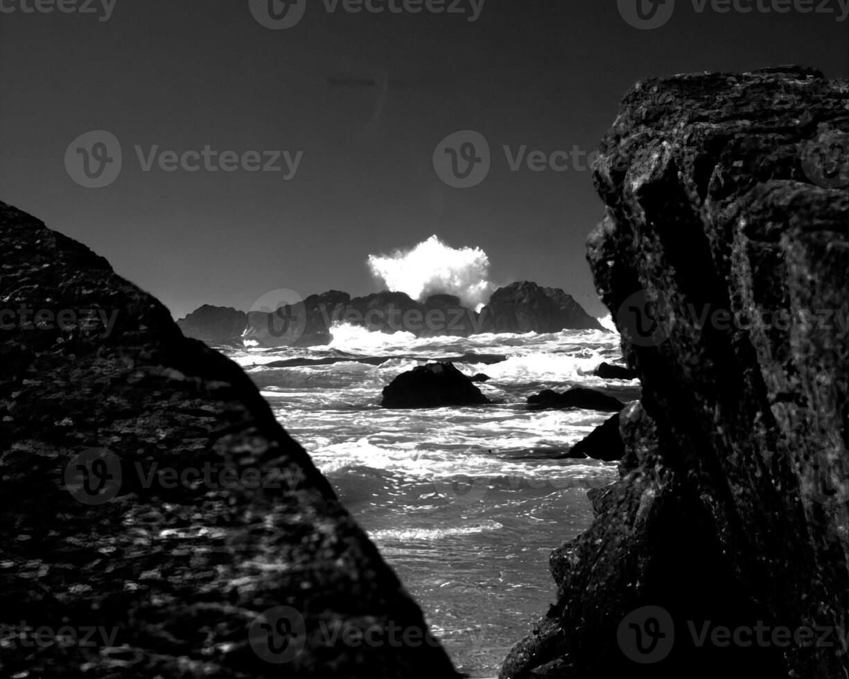 Sea waves, ocean shore, beach black and white photo background