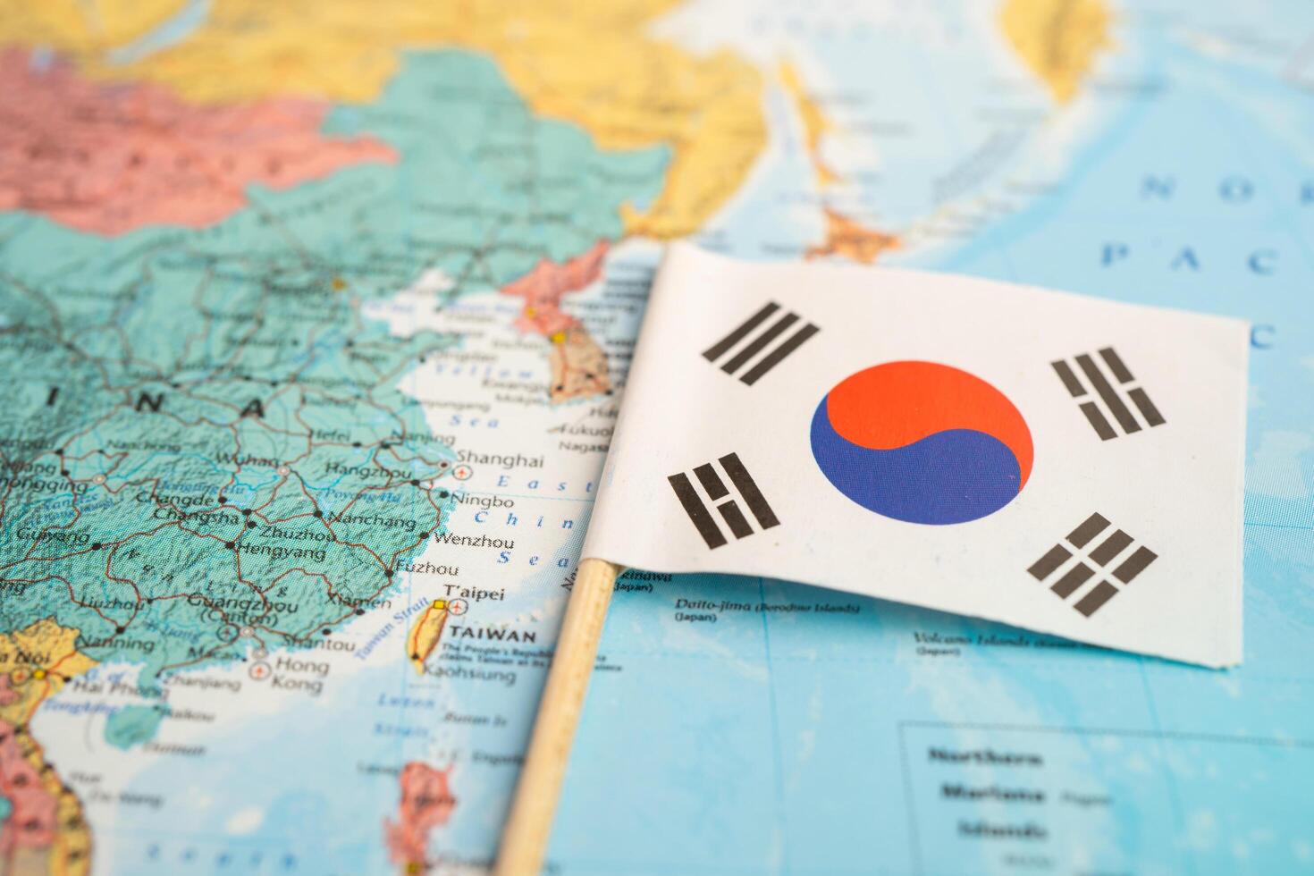 Bangkok, Thailand December 7, 2023, South Korea flag on world map. photo