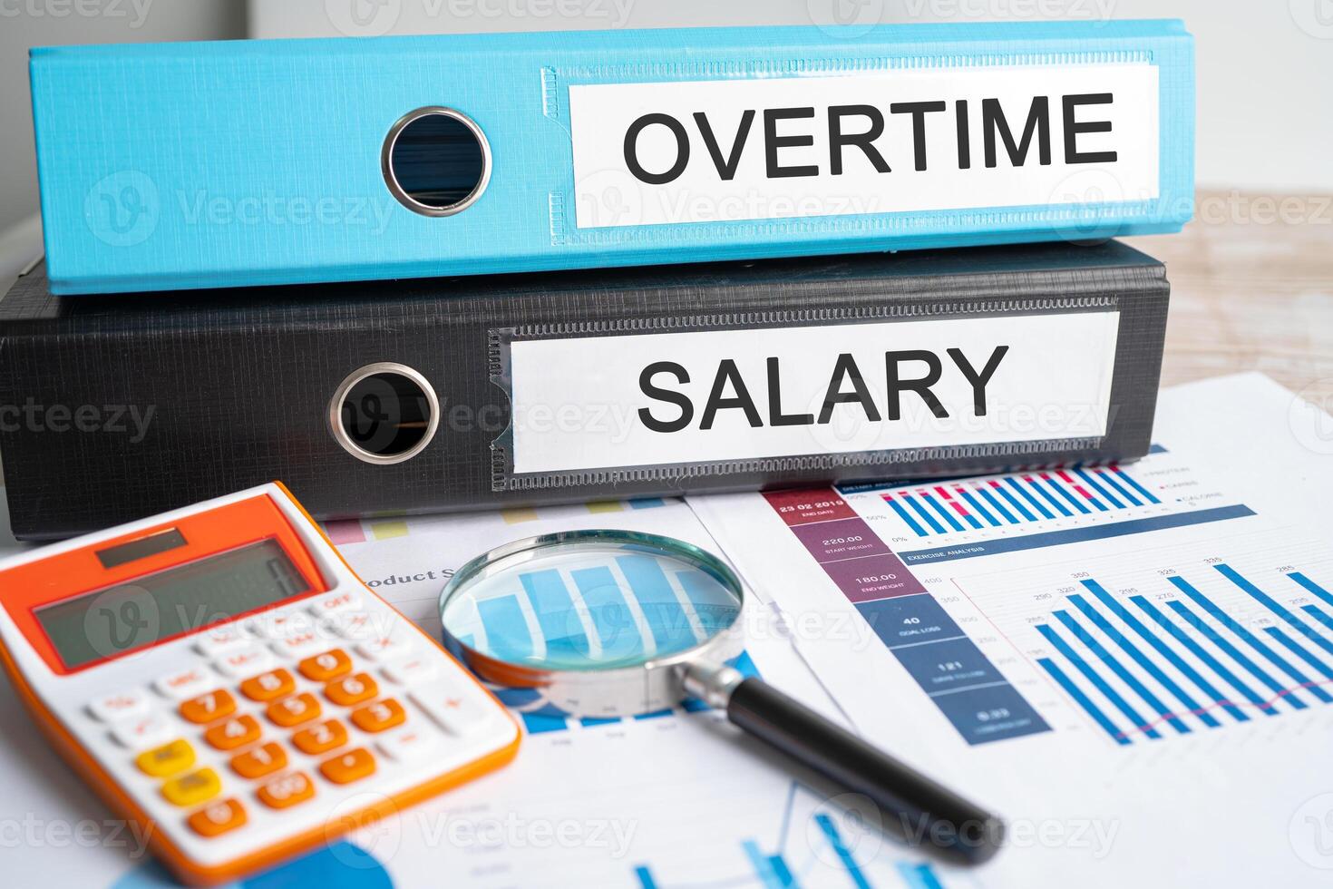 Overtime, Salary. Binder data finance report business with graph analysis in office. photo