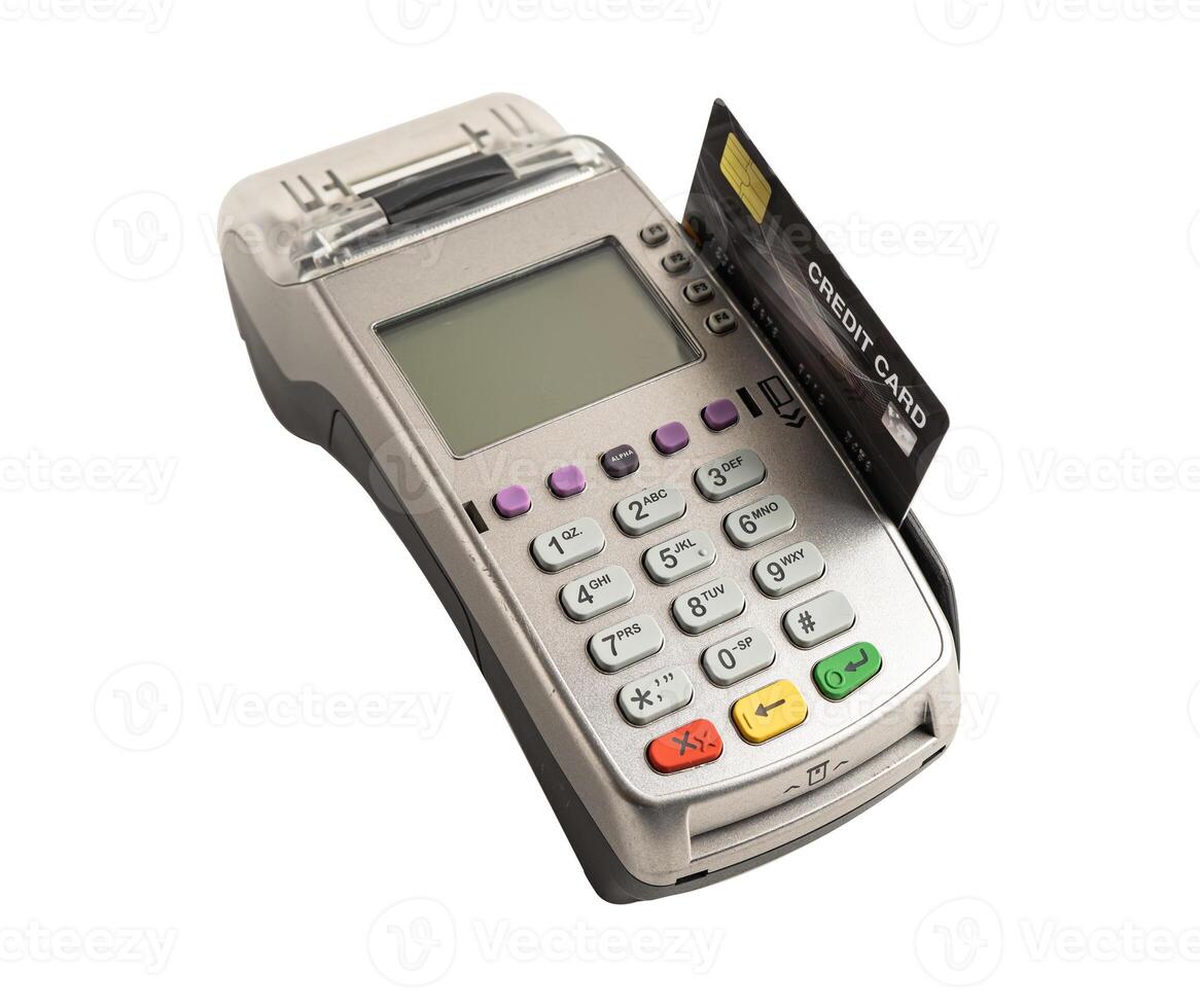 Payment POS terminal isolated on white background with clipping path, technology for finance and shopping business. photo