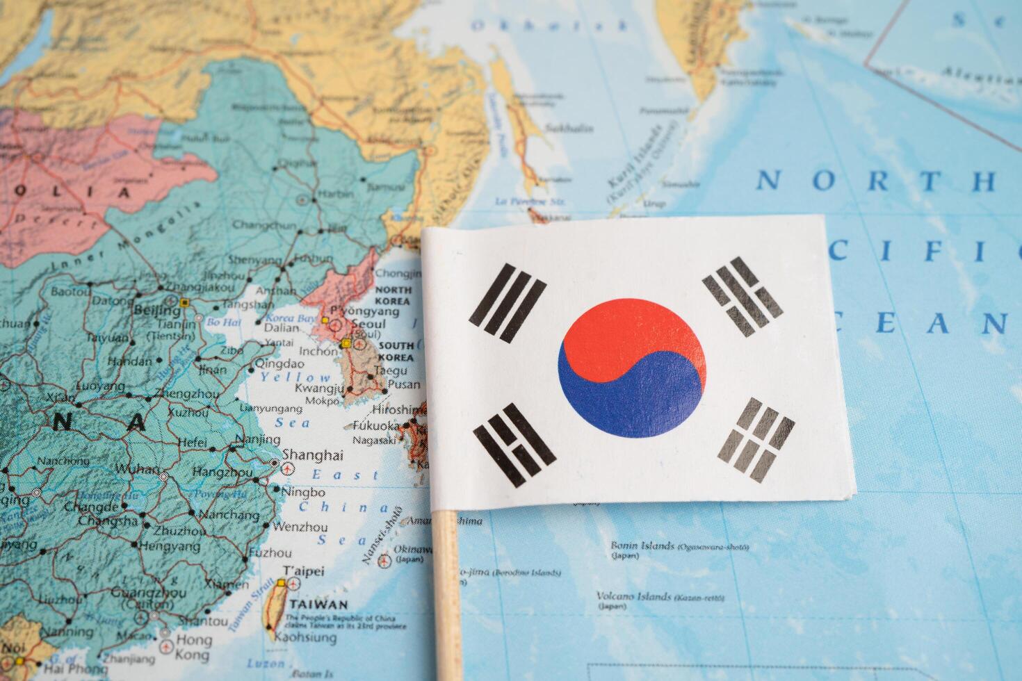 Bangkok, Thailand December 7, 2023, South Korea flag on world map. photo