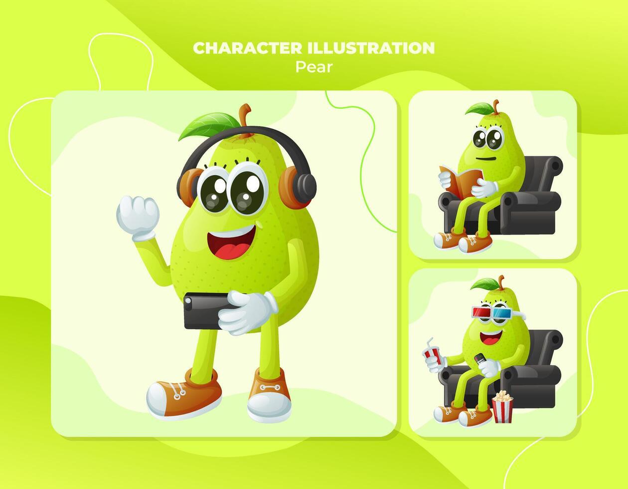 Cute pear characters enjoying leisure activities vector