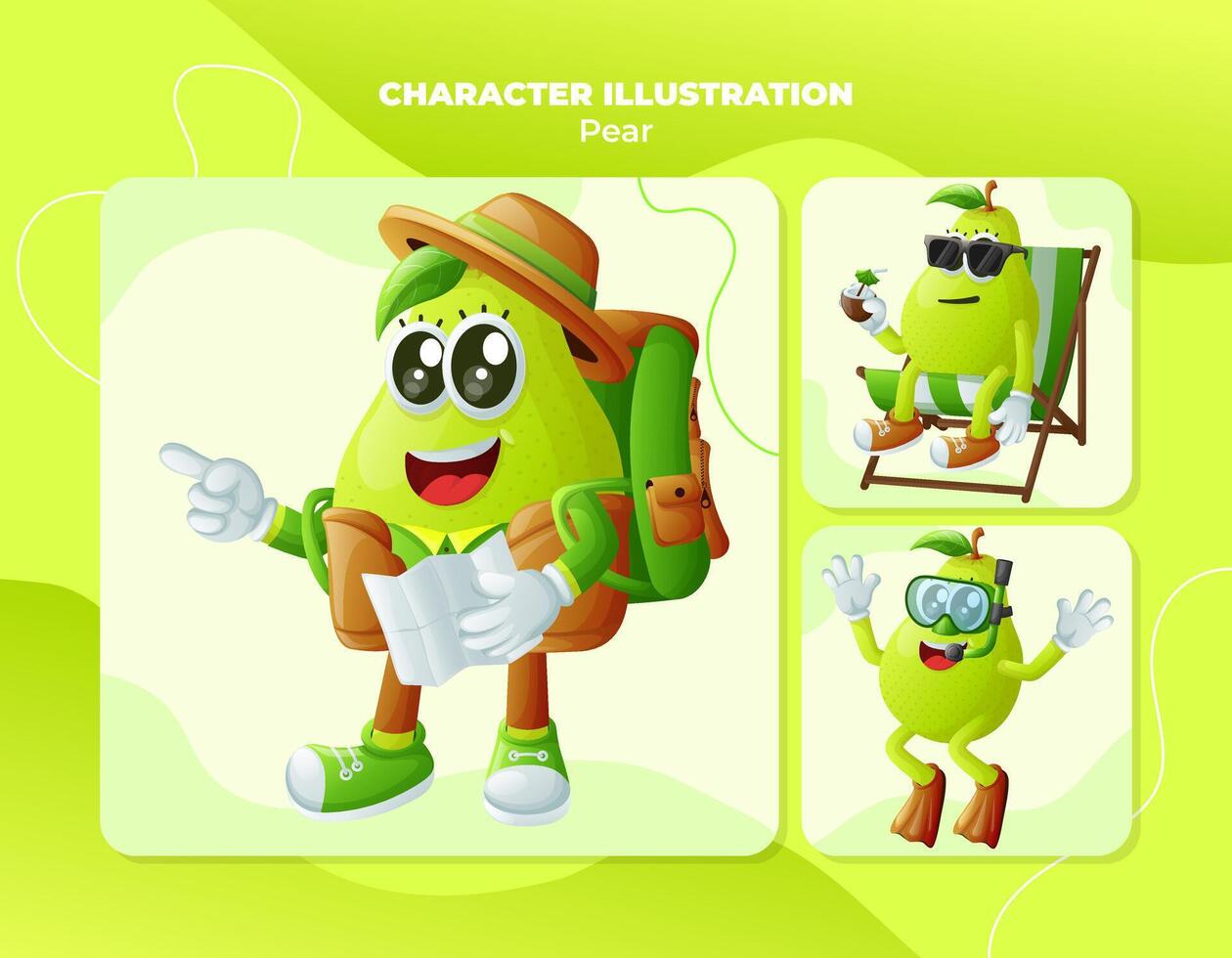 Cute pear characters on vacation vector