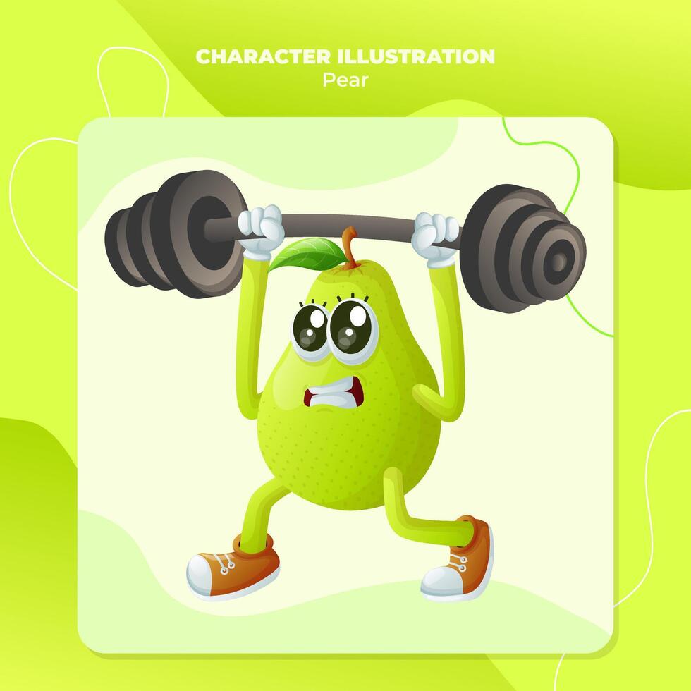 Cute pear character lifting weights vector