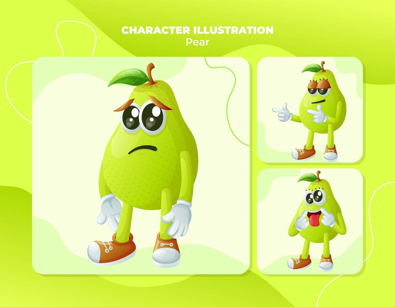 Cute pear characters with different facial expressions vector