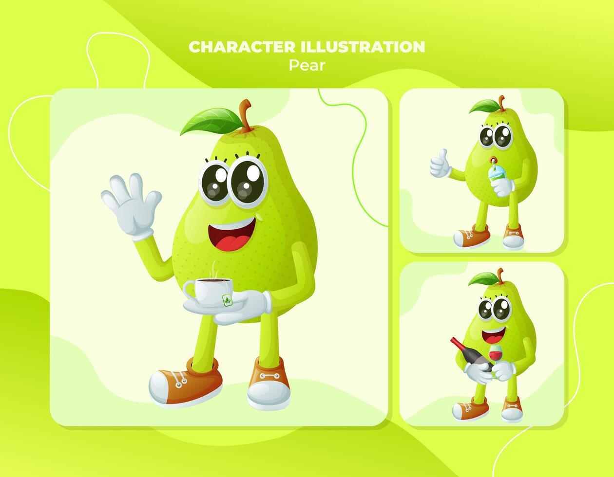 Cute pear characters enjoying beverages vector