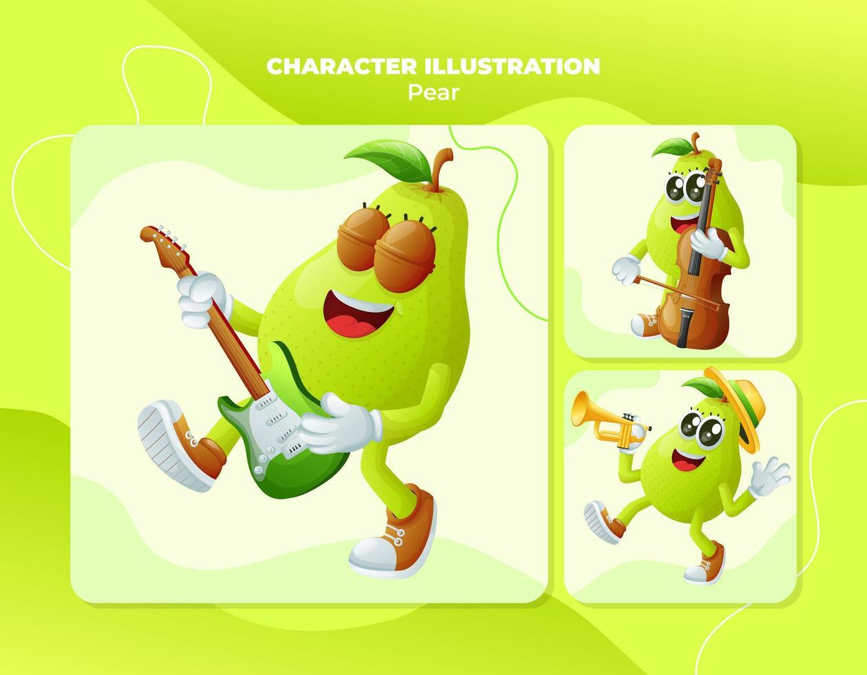 Cute pear characters playing musical instruments vector