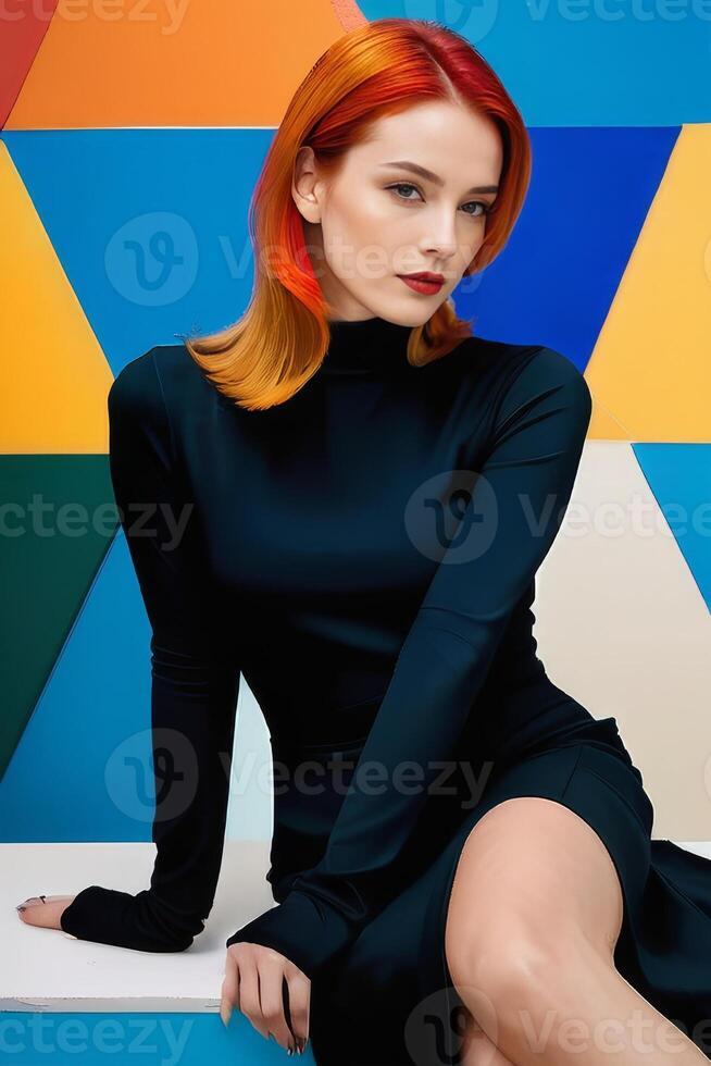 Fashion model with bright orange hair in a colorful geometric dress against an abstract background photo