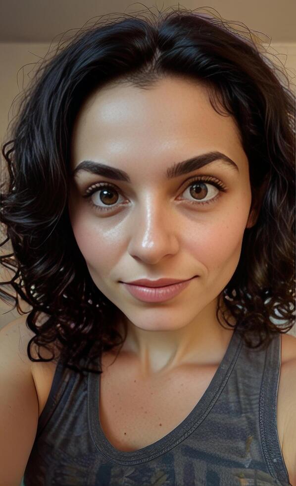 Curly Hair Woman Beautiful Selfie and fair skin photo