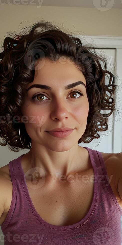 Curly Hair Woman Beautiful Selfie and fair skin photo