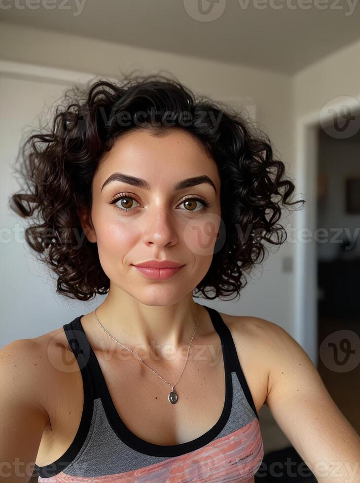 Curly Hair Woman Beautiful Selfie and fair skin photo
