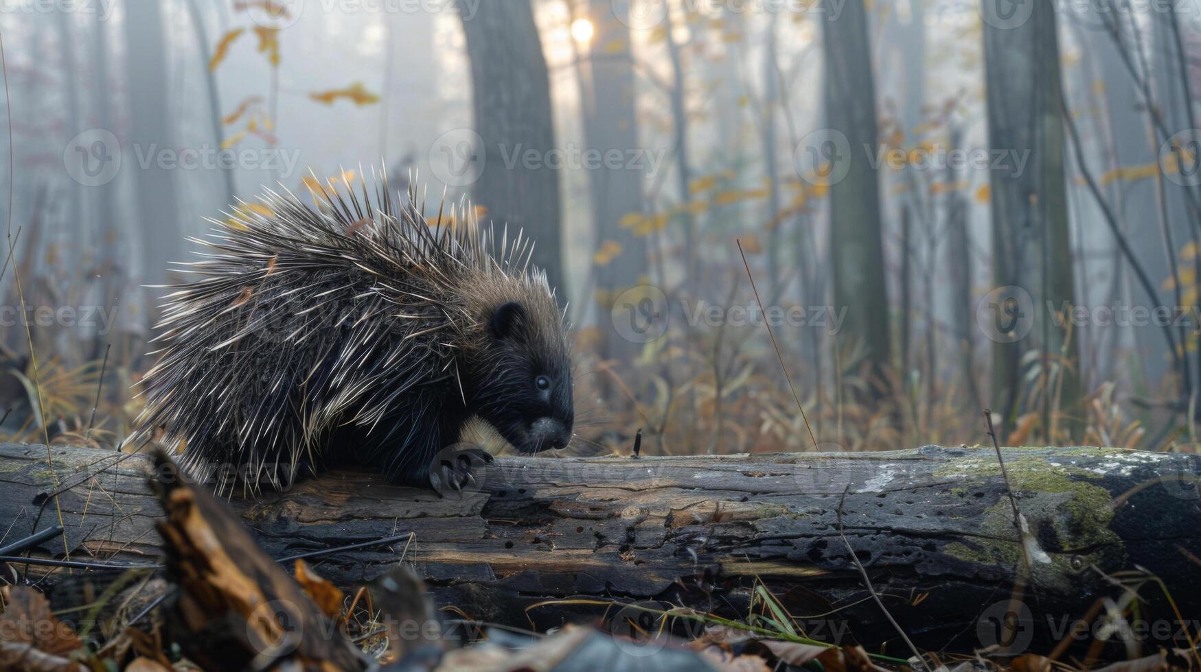 Porcupine on Fallen Log in Misty Forest photo