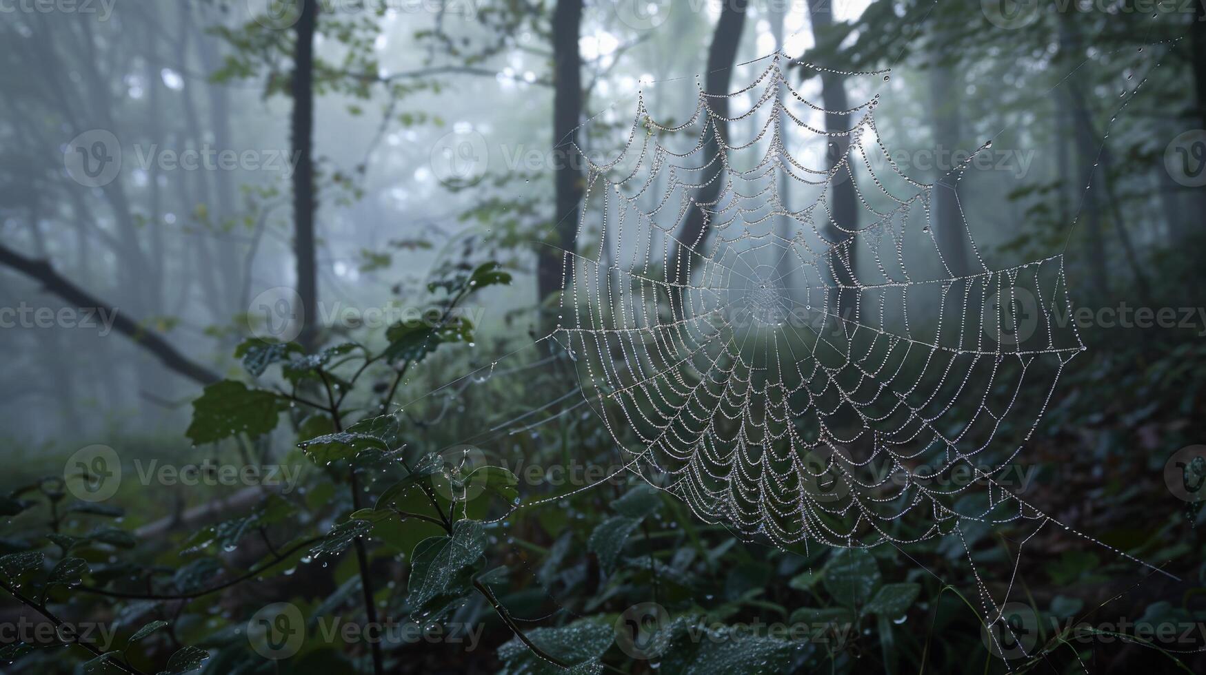Spider Web with Dew in Misty Forest photo