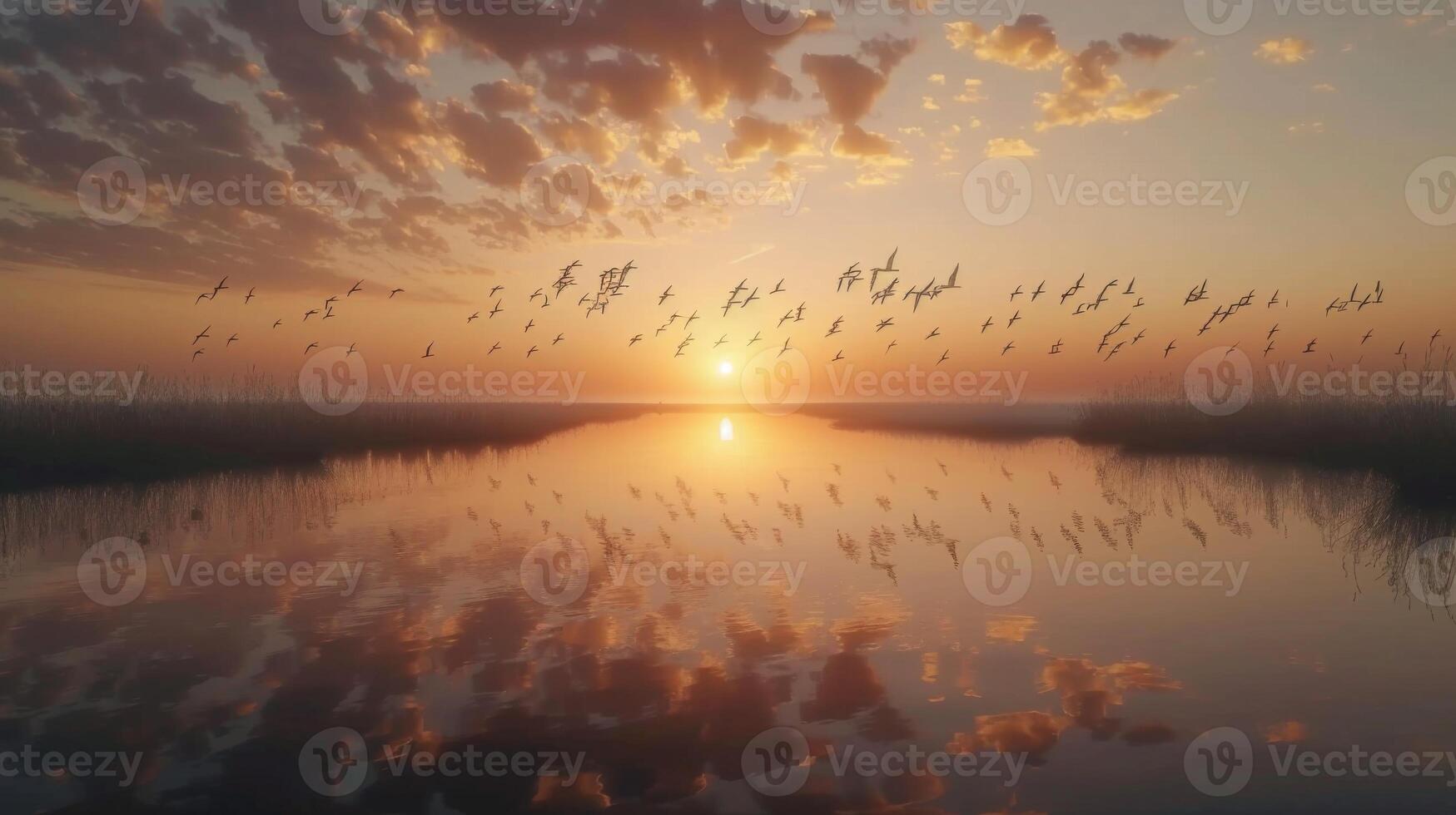 Birds Flying Over Calm Lake at Sunset photo