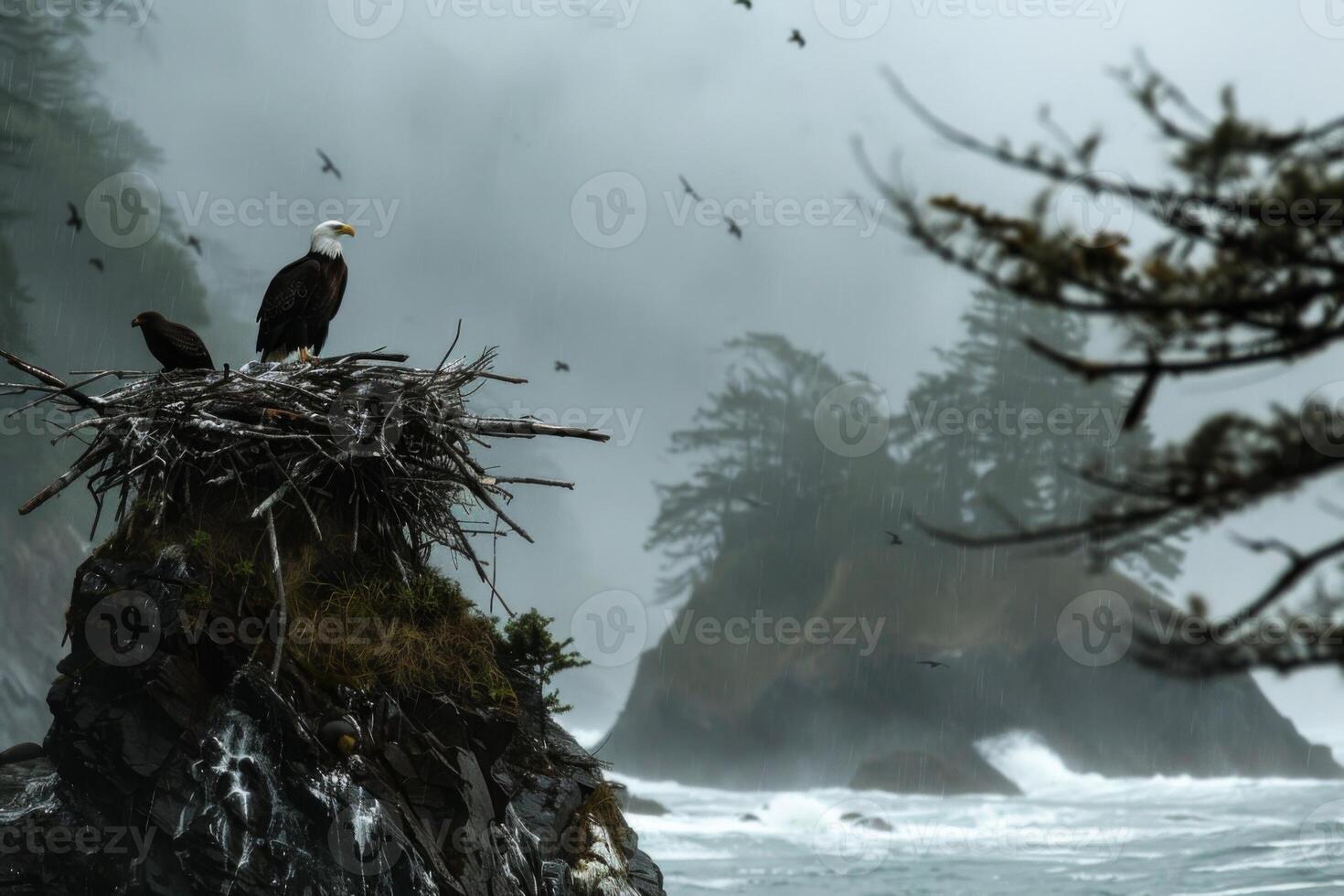 Bald Eagles Nesting on Rainy Coastal Cliff photo