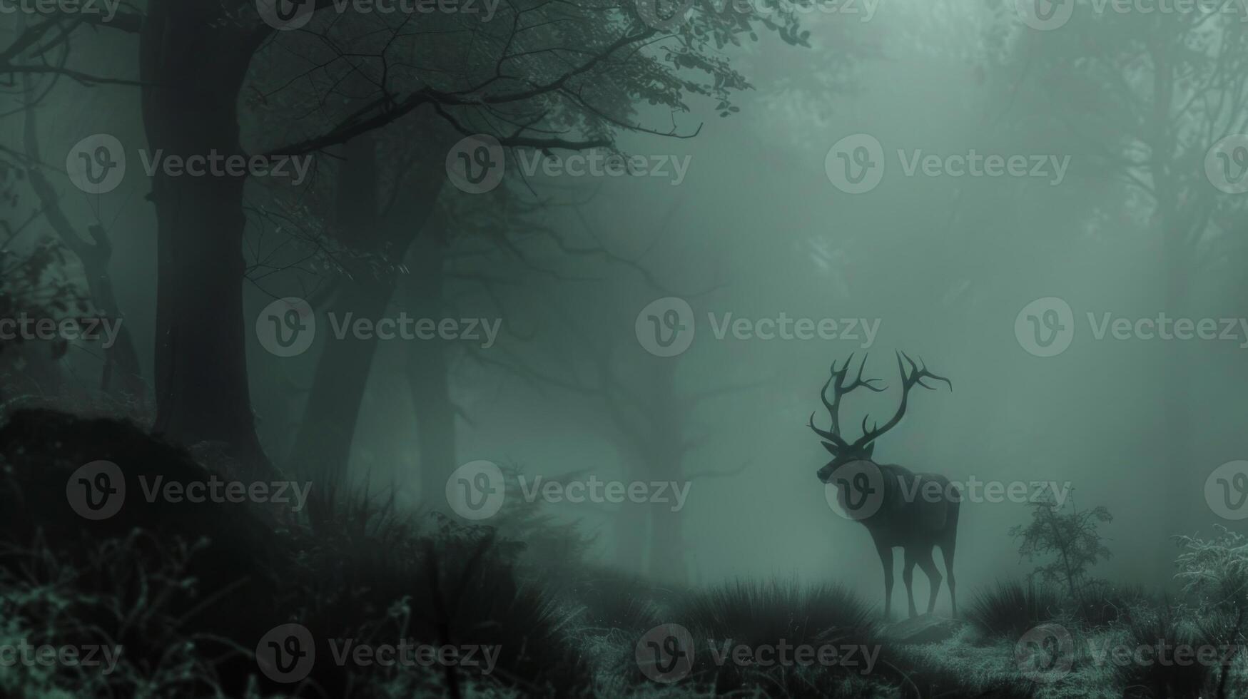 A deer stands in a forest with foggy air photo