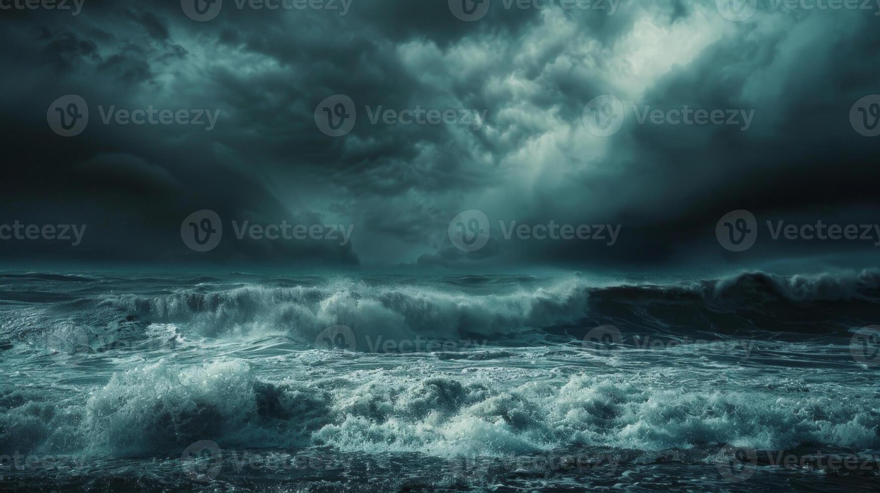 A stormy ocean with large waves crashing against the shore photo