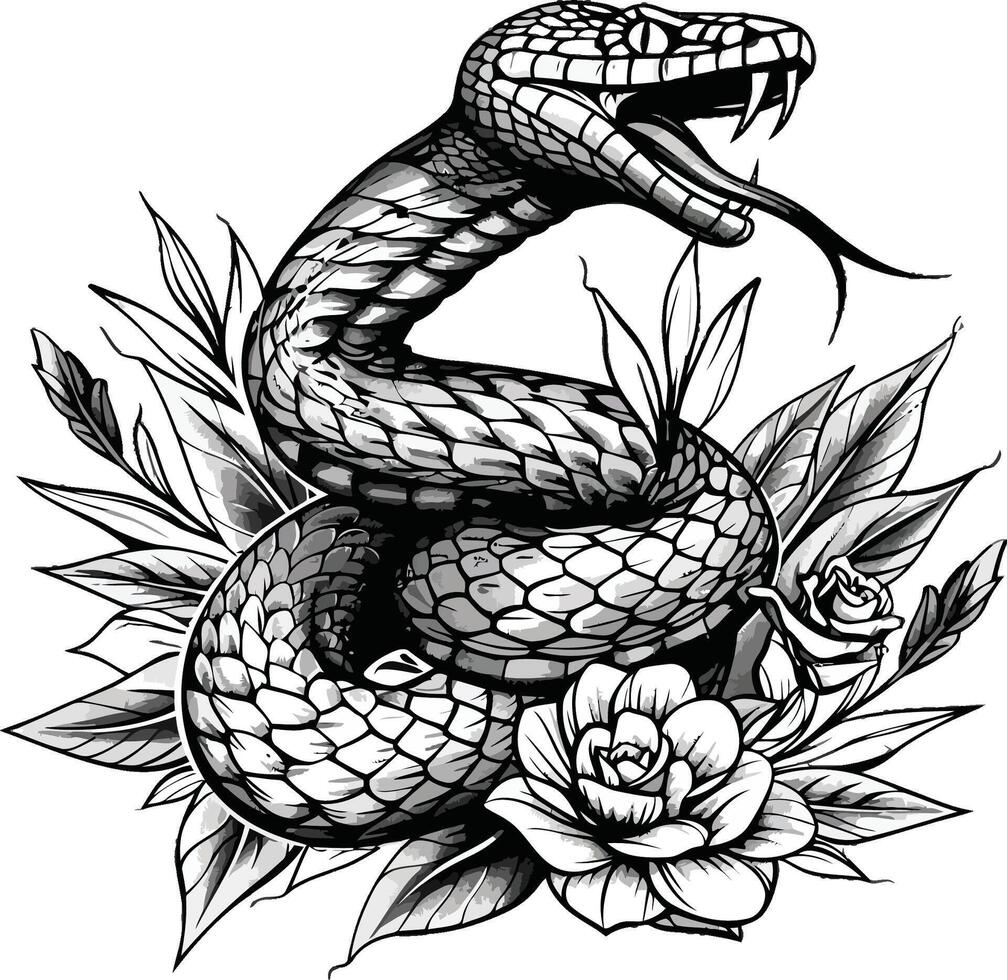 Snake on the background with roses. Design element for poster, t shirt, card, banner. vector